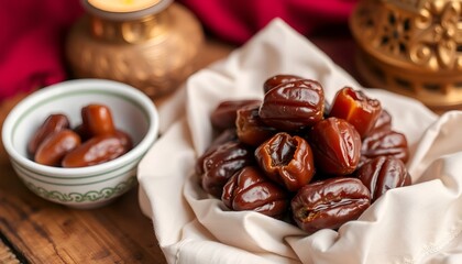 Dates in a decorative bowl, ideal for Ramadan, Eid, or healthy eating concepts. Warm, golden tones and bokeh lights.
