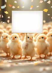 Adorable Chicks Holding a Blank Sign with Confetti Falling

