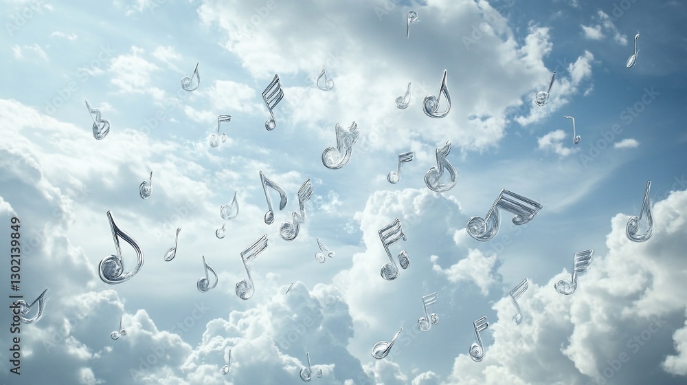 Poster floating music notes on a sky background with clouds in a fantasy style