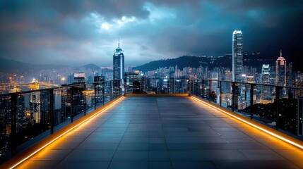 Fototapeta premium Stunning Rooftop View of Hong Kong Skyline Under Dramatic Clouds with City Lights at Dusk