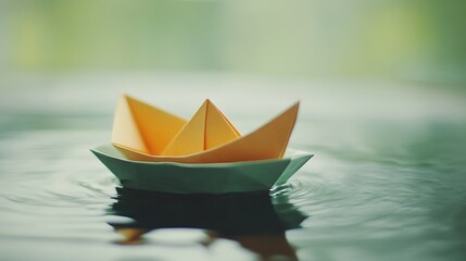 Floating Paper Boat on Water Surface Creates Ripples Reflection