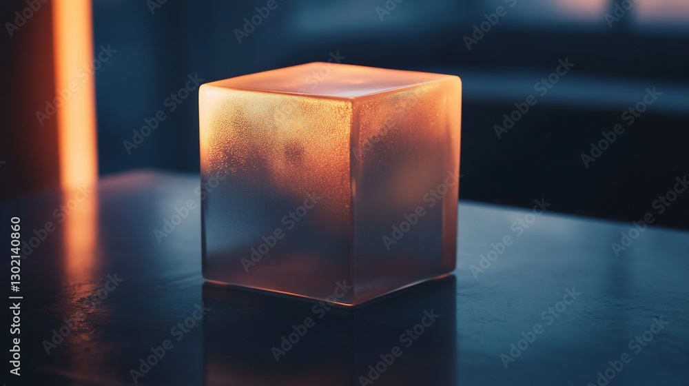 Poster illuminated translucent orange cube with soft light creating a moody atmosphere on a dark surface