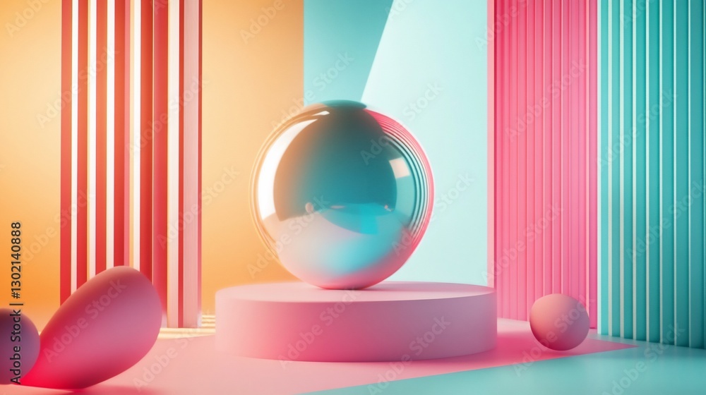 Poster abstract 3d rendering with a large sphere and geometric shapes in vibrant colors