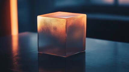 Illuminated translucent orange cube with soft light creating a moody atmosphere on a dark surface