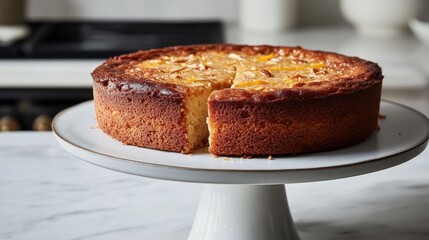 Freshly Baked Citrus Cake on Elegant White Cake Stand