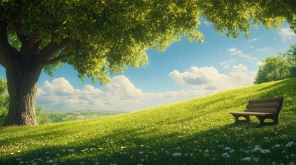 Obraz premium Vibrant green grass adorned with delicate white flowers cascades down a lush hillside, beside which sits a charming wooden bench. A bright blue sky sprinkled with fluffy white clouds completes the ser