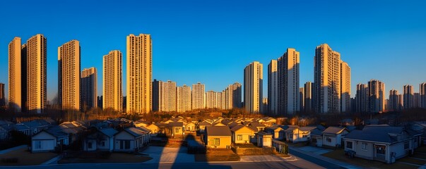 Naklejka premium Dense urban landscape showing juxtaposition of houses and apartments