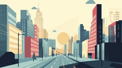 Obraz premium A Serene Cityscape at Sunrise: Modern Architecture and Tranquil Streets