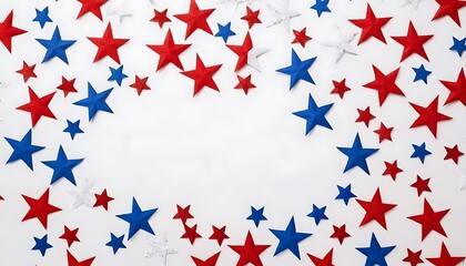 2 4th of July American Independence Day. Happy Independence Day. Red, blue and white star confetti, paper decorations on white background. 4