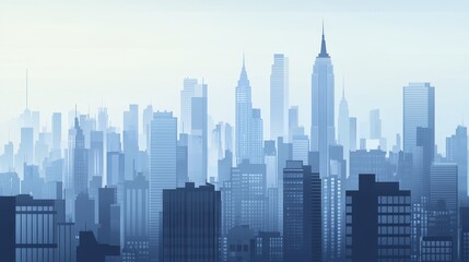 A Serene Skyline View of a Modern Metropolis on a Misty Morning