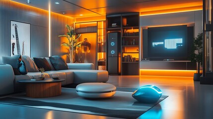 Modern living room interior with orange accent lighting and a large screen TV, with gray sofa and furniture