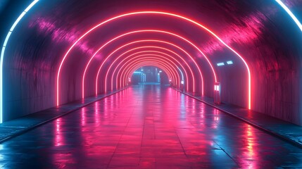 Futuristic tunnel adorned with bright neon lights creating an eye-catching visual experience with a modern aesthetic