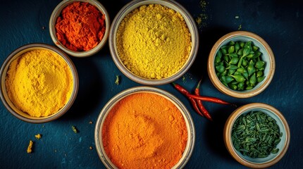 Colorful Bowls of Spices: Culinary Delights in Yellow, Red, Orange and Green for Tasteful Dishes