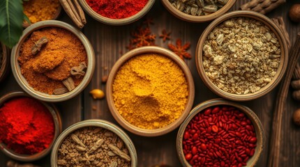 Vibrant array of spices in bowls, offering a feast for the senses and culinary inspiration.