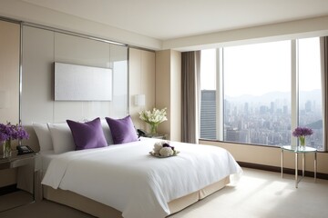 Luxurious hotel bedroom with city view, large bed, purple pillows, and flowers.