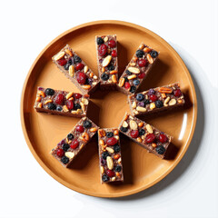 Fruit and nut bars arranged on a brown plate