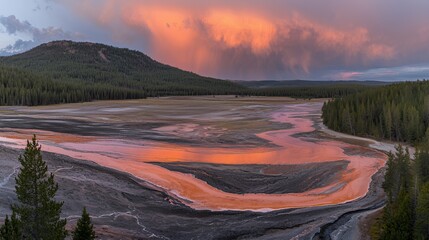 Fototapeta premium Vibrant Sunset Over Red Geothermal River Valley
