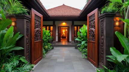 Fototapeta premium Inn Traditional Architecture Concept, Stunning Balinese Inn Entrance with Carved Wooden Gates and Greenery