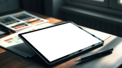 Digital Tablet with Pen and Color Palette: A Workspace for Design and Creative Inspiration on Wooden Desk