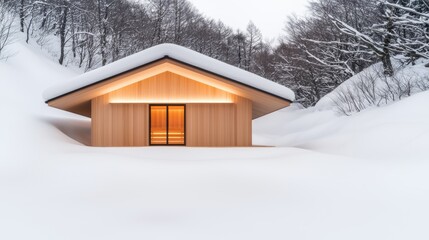 Minimalist Japanese Hot Spring Inn in Snowy Winter Landscape