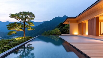 Serene Japanese Mountain Inn with Wooden Architecture and Hot Springs