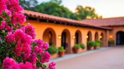 Obraz premium Elegant Mexican Hacienda Style Inn with Vibrant Bougainvillea Flowers
