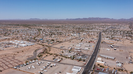 Quartzsite, Arizona, USA - June 1, 2022: Aerial view of a  road going through the town's...