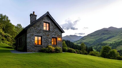 Fototapeta premium Stone Highland Inn with Warm Glow Amidst Scenic Scottish Landscape