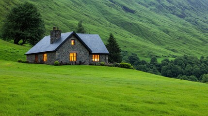Fototapeta premium Charming Scottish Highland Inn with Stone Facade and Warm Glow