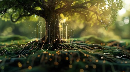 A conceptual image of a tree with roots connecting to a digital circuit board.

