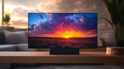 Fototapeta premium Oak Table Display: Vivid Sunset on Screen Modern Living 