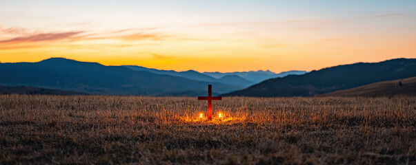 A scenic sunset view featuring a glowing cross in an open field, surrounded by mountains, creating a serene and spiritual atmosphere.