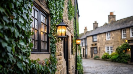 Fototapeta premium Traditional English Inn with Ivy-Covered Stone Walls on Street