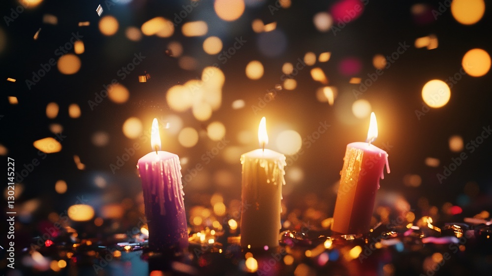 Aufkleber three lit candles with a bokeh effect and falling confetti create a festive scene