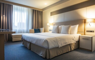 Luxurious hotel room with king-size bed, soft lighting, and comfortable seating.