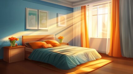 Fototapeta premium Bright and Cozy Bedroom with Sunlight Streaming Through Window