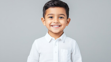 Smiling 6 year old boy in white shirt, showcasing joy and innocence. His bright smile and cheerful demeanor create warm and inviting atmosphere