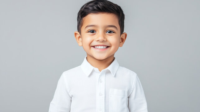 Smiling 6 year old boy in white shirt, showcasing joy and innocence. His bright smile and cheerful demeanor create warm and inviting atmosphere