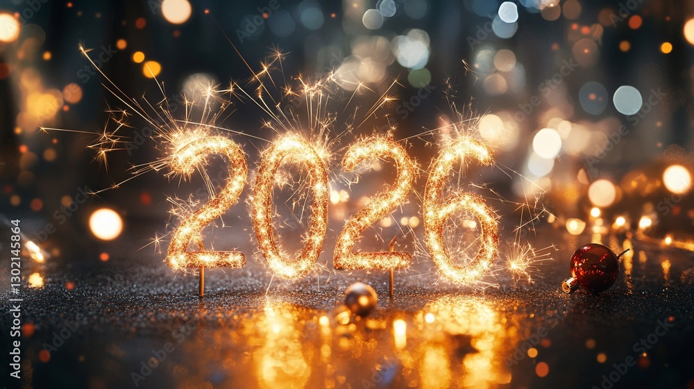 Poster sparkling 2026 year number with a festive bokeh background and ornaments
