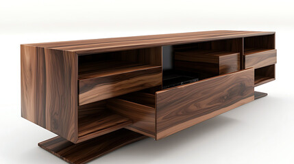 A wooden entertainment center with drawers and a black stereo. generated using AI