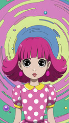 Whimsical Cartoon Anime Girl with Pink Hair in Polka Dot Dress - Vibrant Vector Artwork for Children's Art and Social Media Content