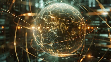 A futuristic holographic globe with interconnected lines representing global networks.

