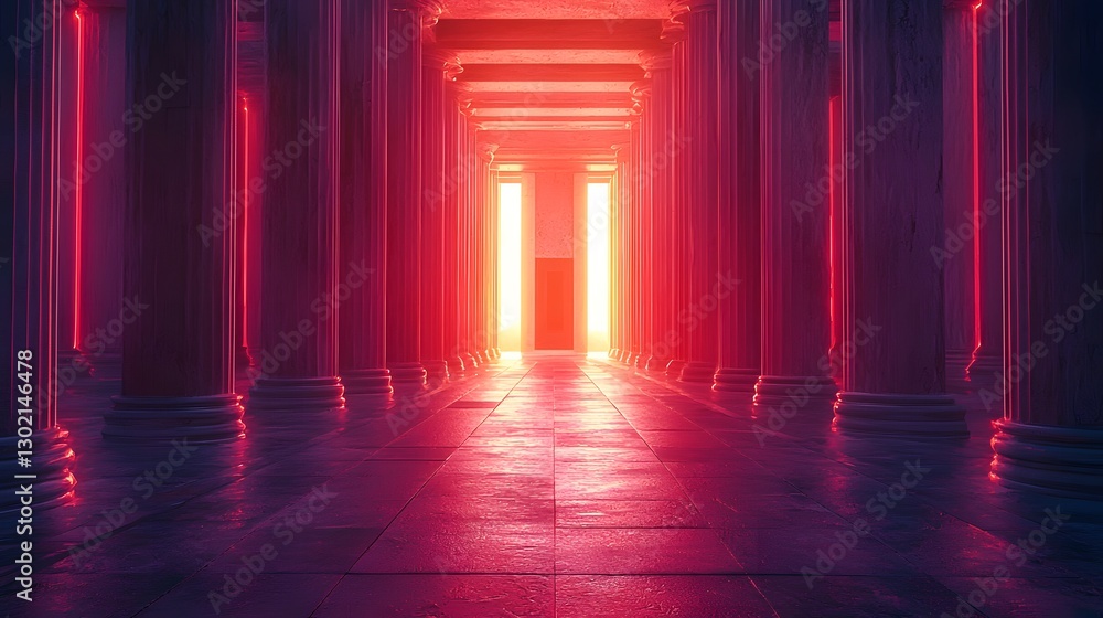 Poster a majestic hallway adorned with grand columns illuminated by soft bright light creating an inviting 