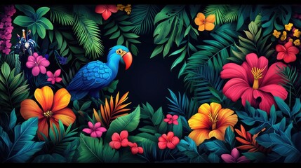 Tropical bird surrounded by vibrant flowers and leaves. Stock photo use