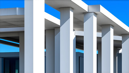 Obraz premium This image depicts the structural details of a modern building. In the scene, several white concrete columns and beams form an open frame structure5
