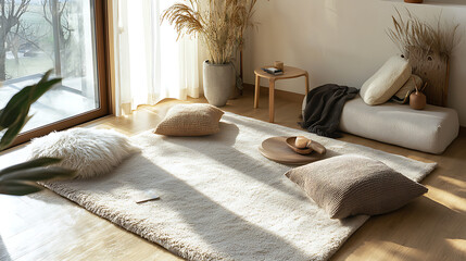 A living room with a white rug and a few pillows. generated using AI