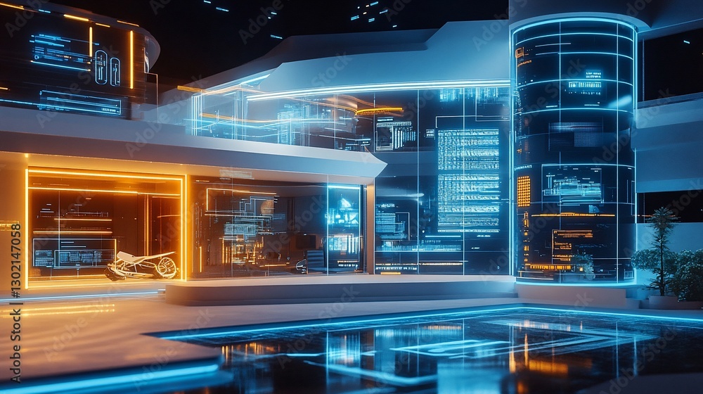 Poster futuristic architecture with glowing lines, featuring a modern design and digital displays