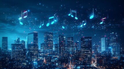 Cityscape at night with floating music notes and shimmering lights in the sky