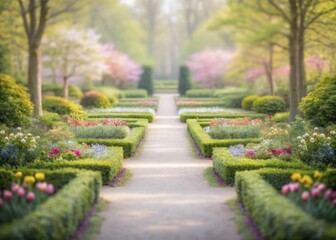 Abstract pastel rendering of a serene spring garden maze with winding paths, vibrant flowers, and soft light diffusion.
