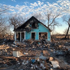 Close-up of a devastated blue home: charred roof and debris-covered walls bear silent witness to intense flames' aftermath